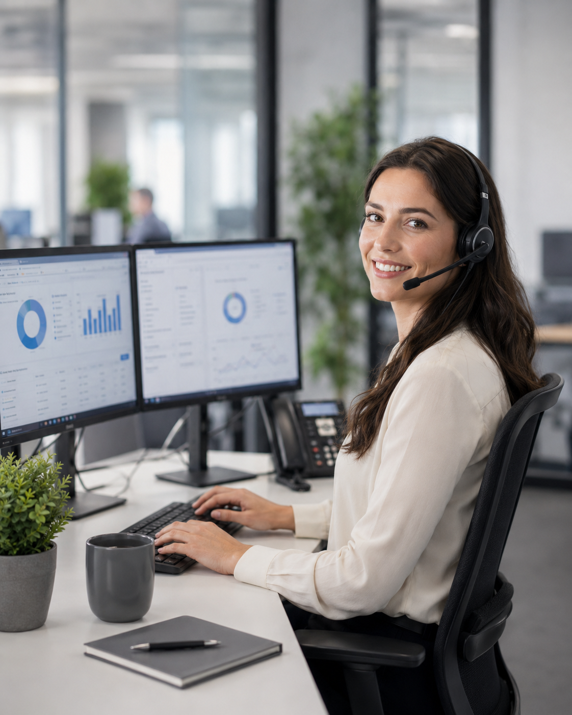 Contact centre agent wearing a headset helping a customer