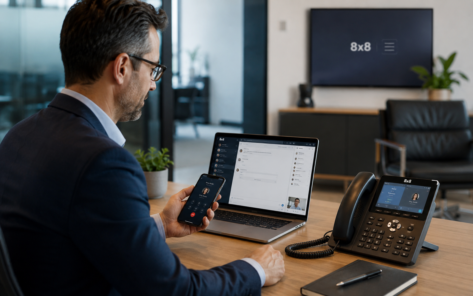 Business professional using unified communications tools across desktop and mobile
