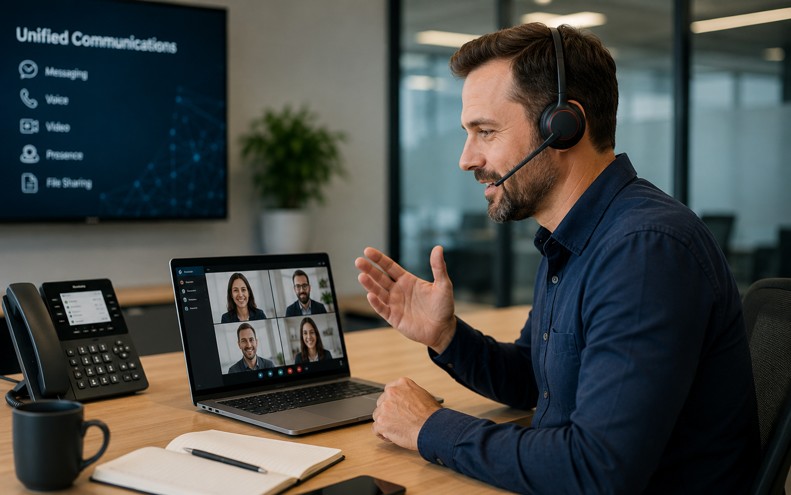 Business team using meetings chat and calling tools together